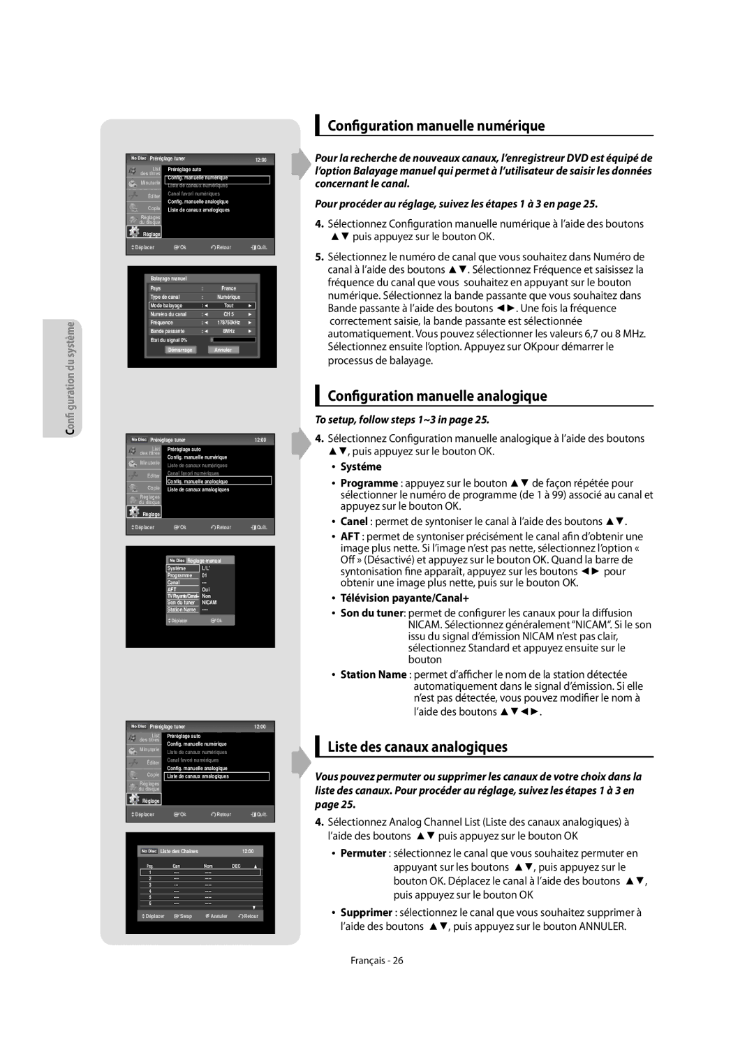 Samsung DVD-VR475A/XEF Configuration manuelle numérique, Configuration manuelle analogique, Liste des canaux analogiques 