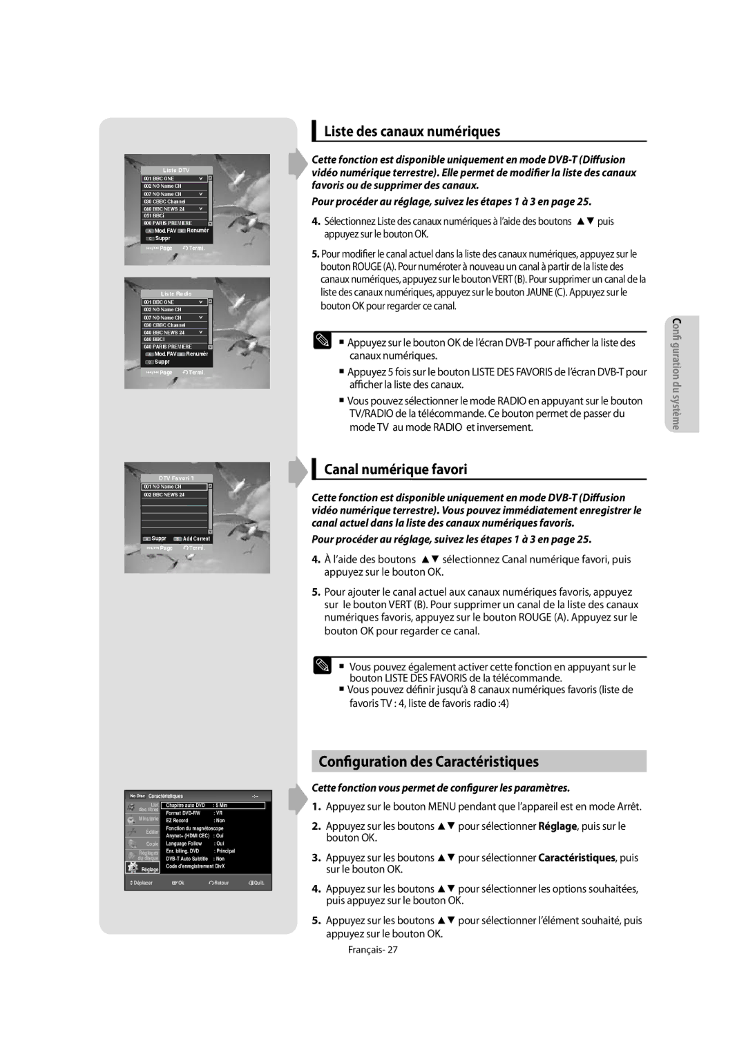 Samsung DVD-VR475/XEF manual Configuration des Caractéristiques, Liste des canaux numériques, Canal numérique favori 