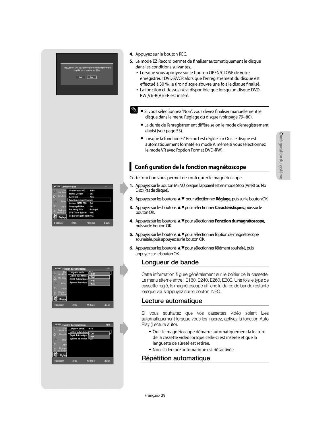 Samsung DVD-VR475/XEF, DVD-VR475A/XEF manual Confi guration de la fonction magnétoscope, Appuyez sur le bouton REC 