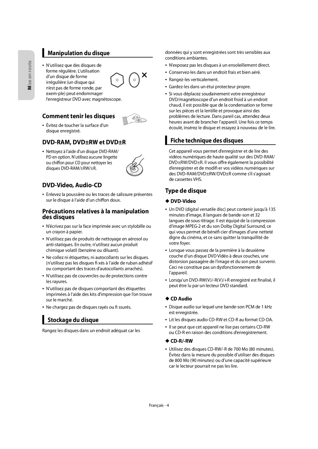 Samsung DVD-VR475A/XEF Manipulation du disque, Comment tenir les disques, DVD-RAM, DVD±RW et DVD±R, DVD-Video, Audio-CD 