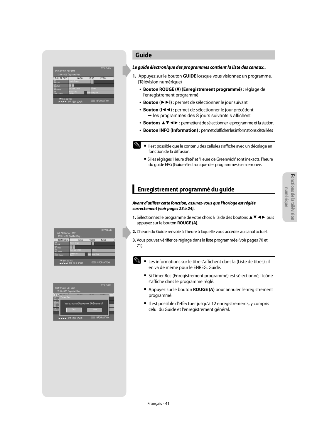 Samsung DVD-VR475/XEF, DVD-VR475A/XEF manual Guide, Enregistrement programmé du guide 