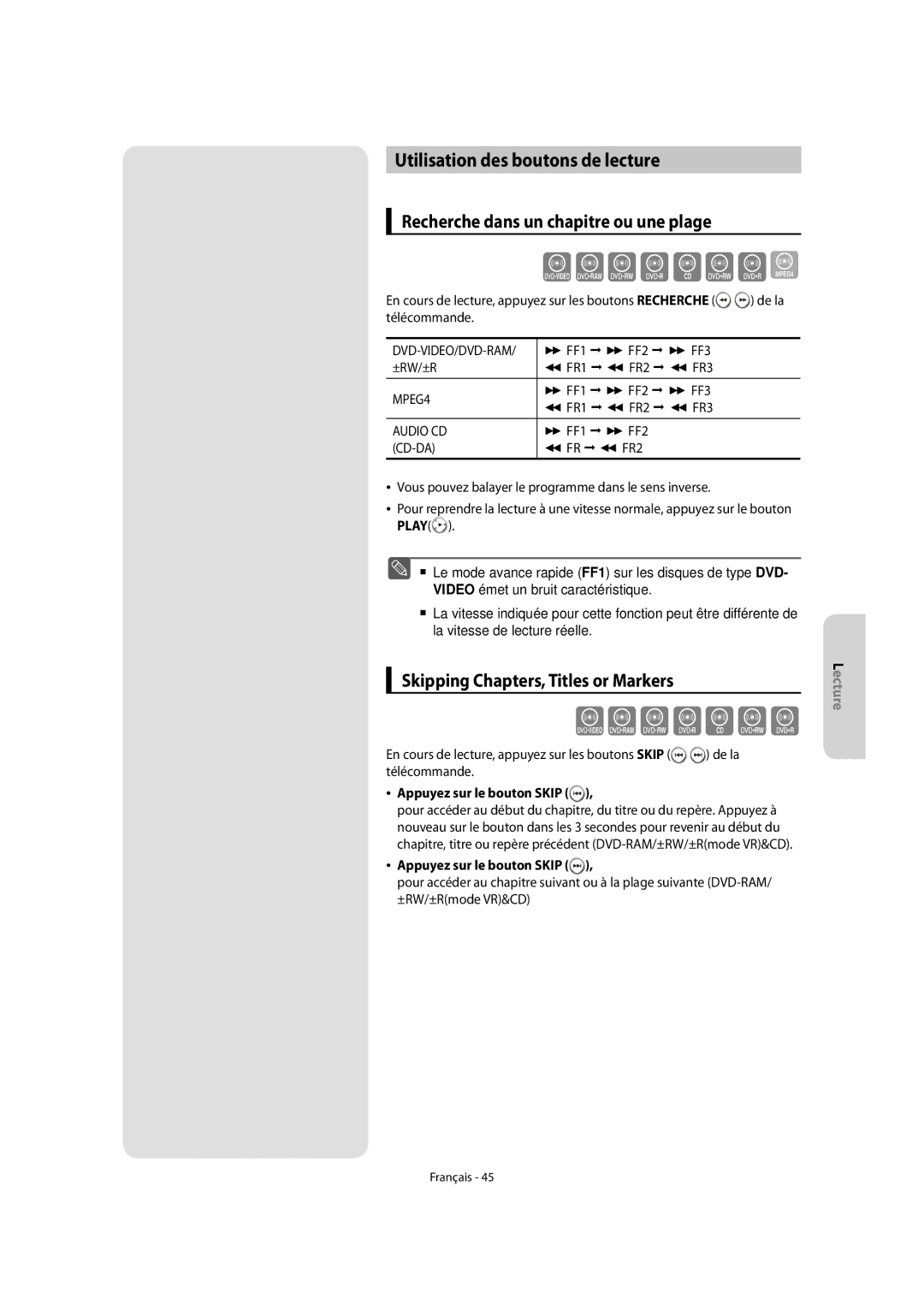 Samsung DVD-VR475/XEF, DVD-VR475A/XEF manual Utilisation des boutons de lecture, Recherche dans un chapitre ou une plage 