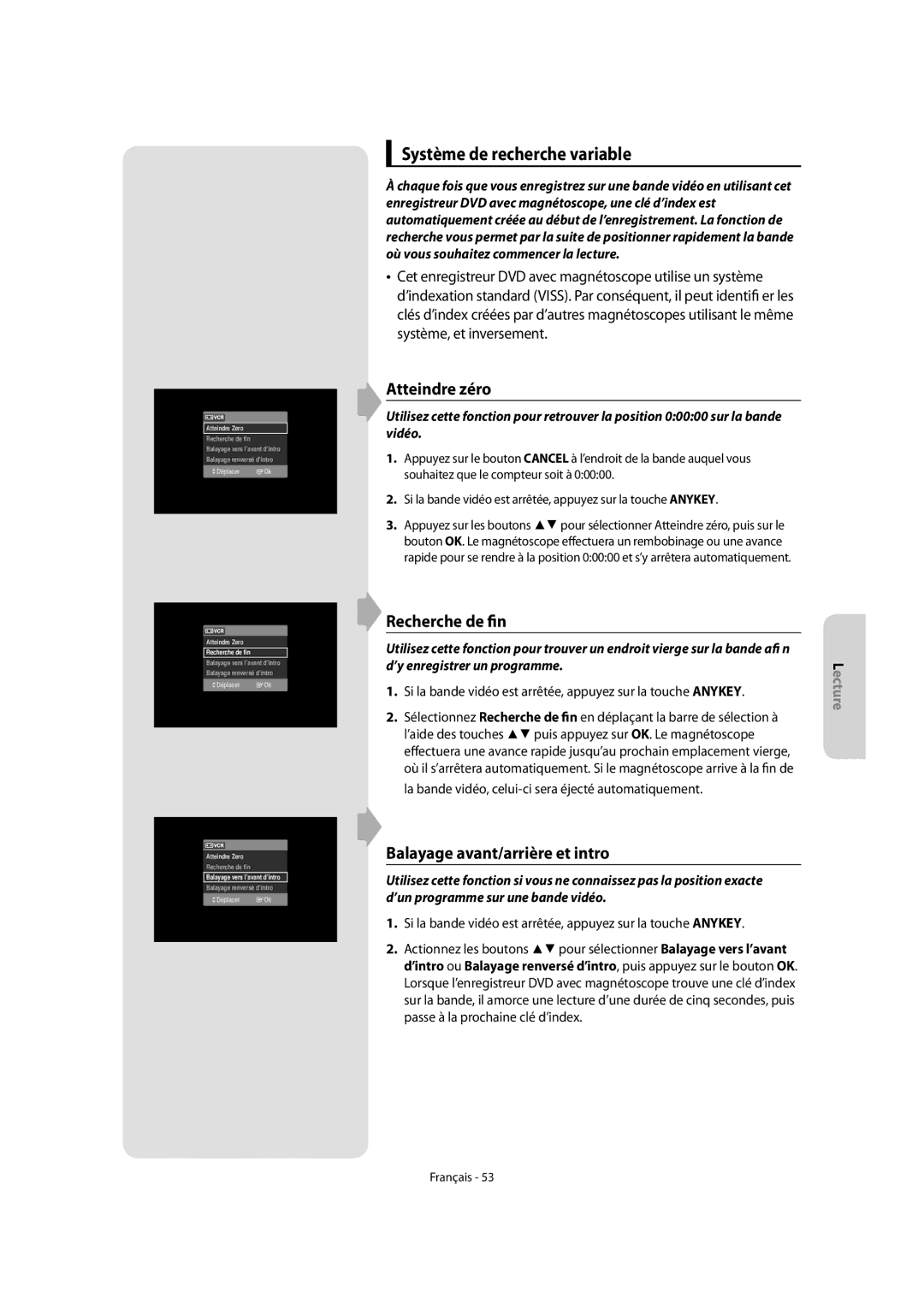 Samsung DVD-VR475/XEF Système de recherche variable, Atteindre zéro, Recherche de fin, Balayage avant/arrière et intro 