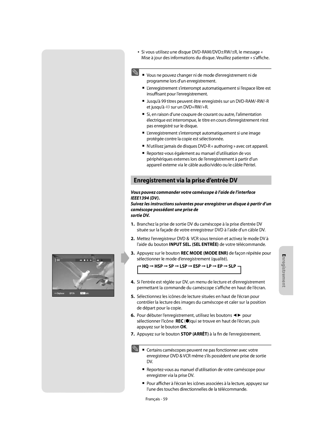 Samsung DVD-VR475/XEF, DVD-VR475A/XEF manual Enregistrement via la prise d’entrée DV 