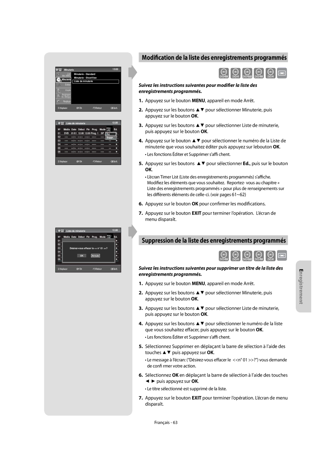 Samsung DVD-VR475/XEF, DVD-VR475A/XEF manual Modification de la liste des enregistrements programmés 