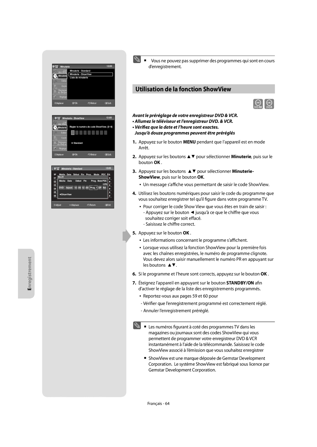 Samsung DVD-VR475A/XEF, DVD-VR475/XEF manual Utilisation de la fonction ShowView 