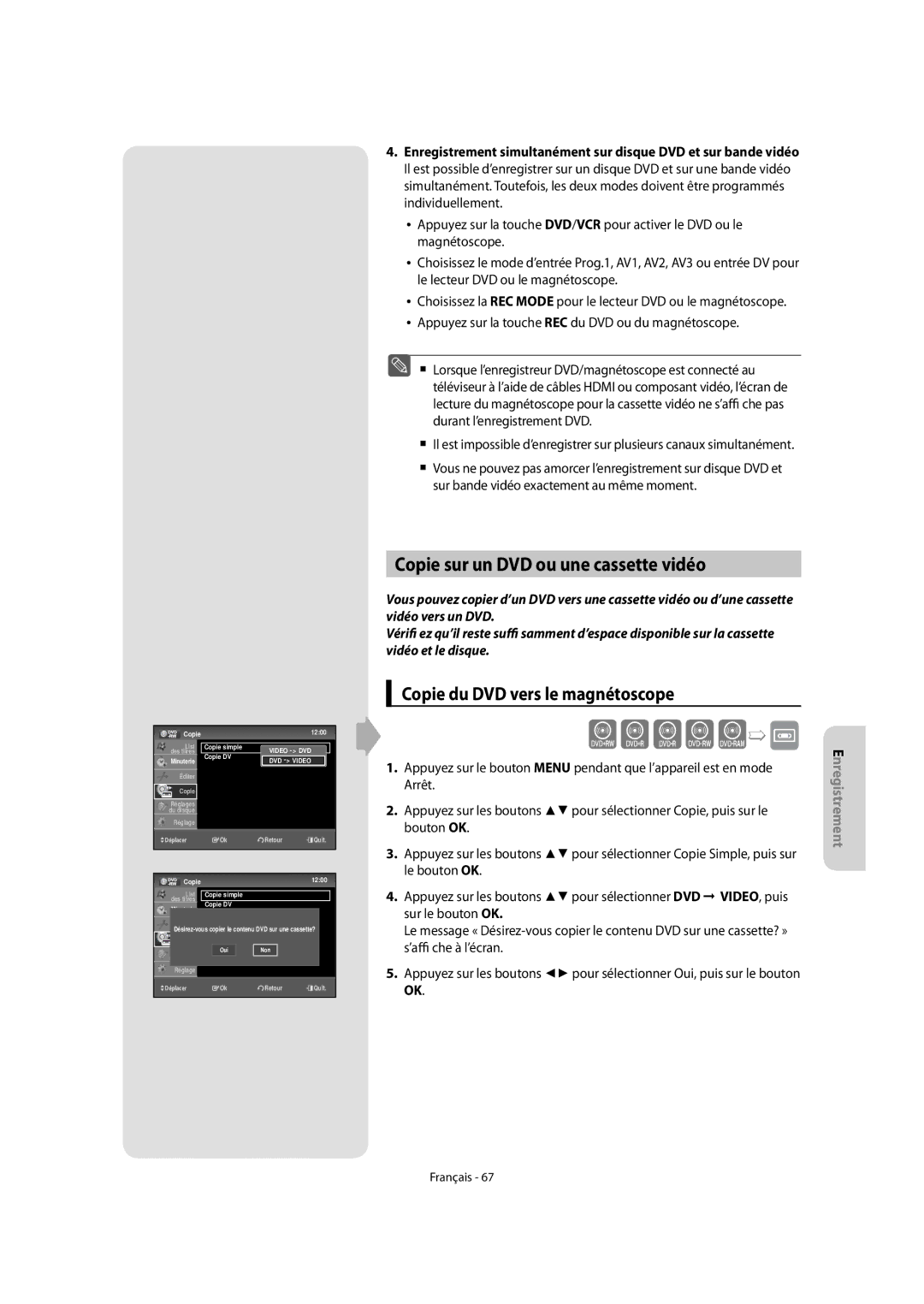 Samsung DVD-VR475/XEF, DVD-VR475A/XEF manual Copie sur un DVD ou une cassette vidéo, Copie du DVD vers le magnétoscope 