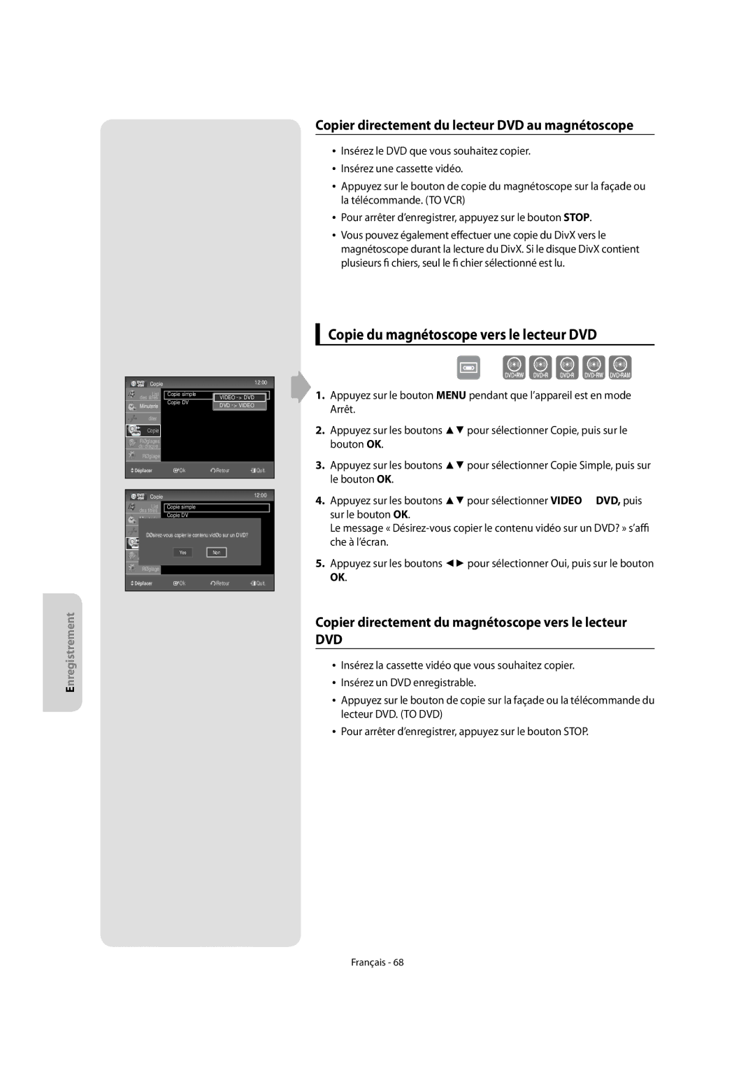 Samsung DVD-VR475A/XEF manual Copie du magnétoscope vers le lecteur DVD, Copier directement du lecteur DVD au magnétoscope 