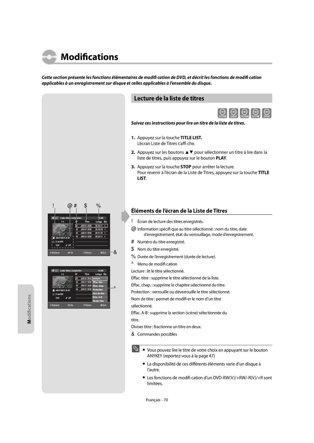 Samsung DVD-VR475A/XEF, DVD-VR475/XEF manual Lecture de la liste de titres, Éléments de l’écran de la Liste de Titres 