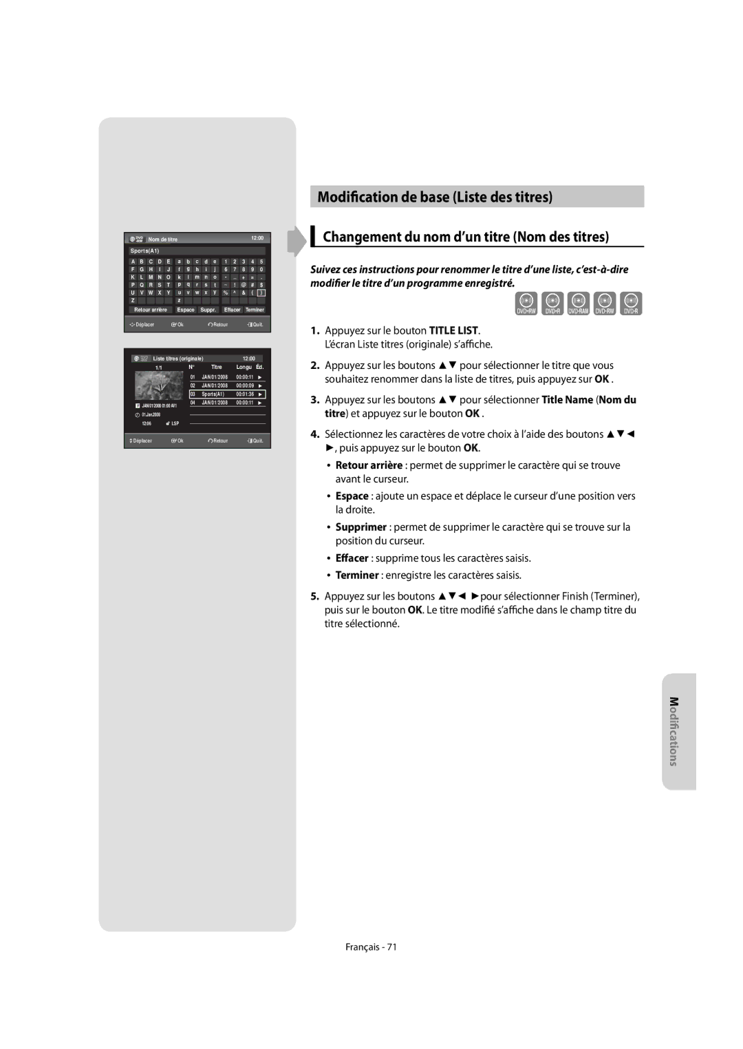 Samsung DVD-VR475/XEF, DVD-VR475A/XEF Modification de base Liste des titres, Changement du nom d’un titre Nom des titres 