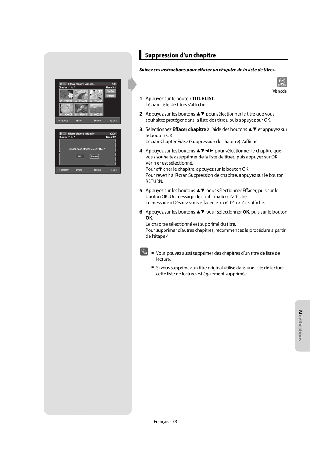 Samsung DVD-VR475/XEF, DVD-VR475A/XEF manual Suppression d’un chapitre, Return 