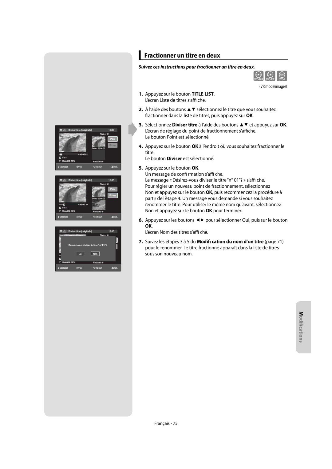 Samsung DVD-VR475/XEF manual Fractionner un titre en deux, Suivez ces instructions pour fractionner un titre en deux, Point 