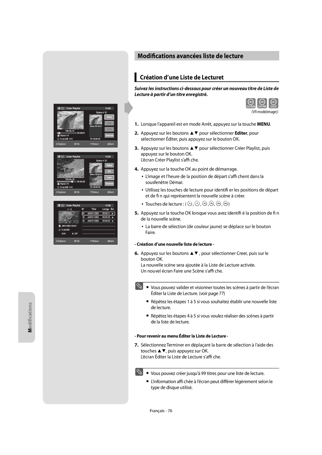 Samsung DVD-VR475A/XEF, DVD-VR475/XEF manual Modifications avancées liste de lecture, Création d’une Liste de Lecturet 