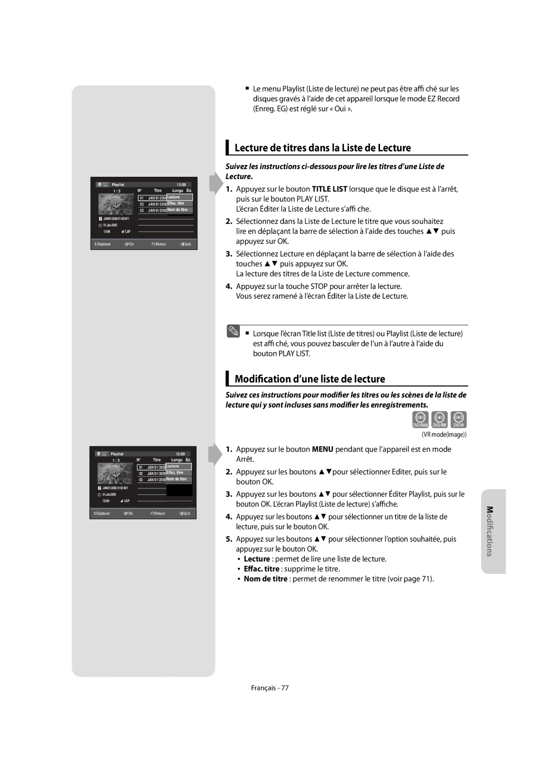 Samsung DVD-VR475/XEF, DVD-VR475A/XEF manual Lecture de titres dans la Liste de Lecture, Modification d’une liste de lecture 