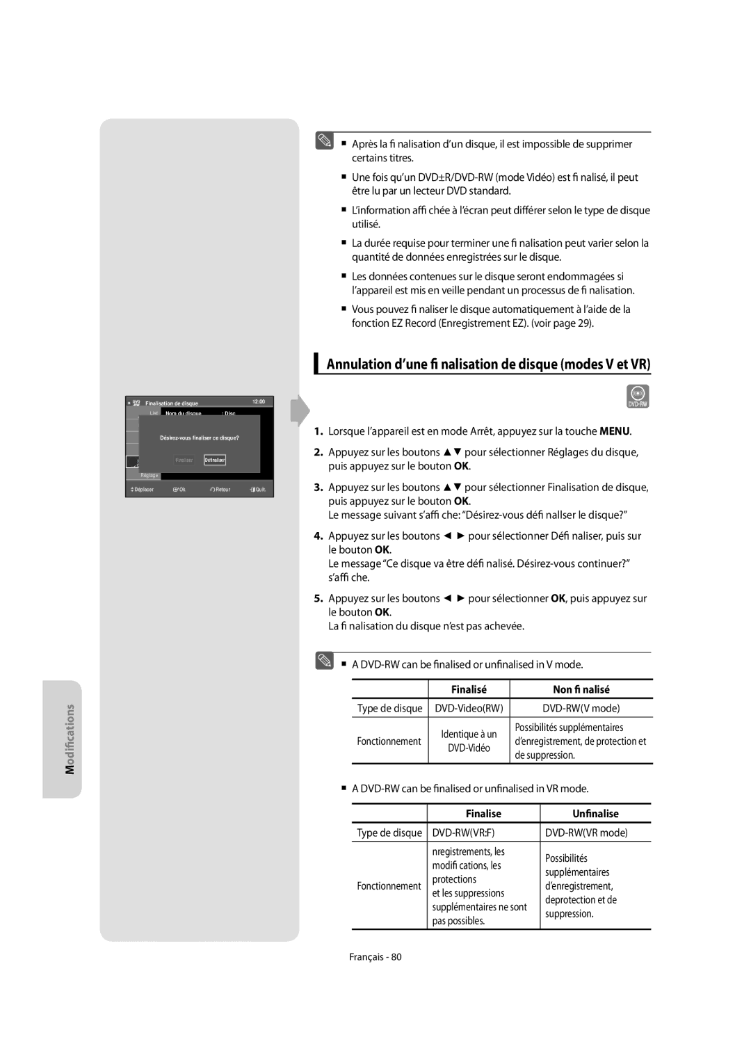 Samsung DVD-VR475A/XEF Annulation d’une fi nalisation de disque modes V et VR, Finalisé Non fi nalisé, Finalise Unfinalise 