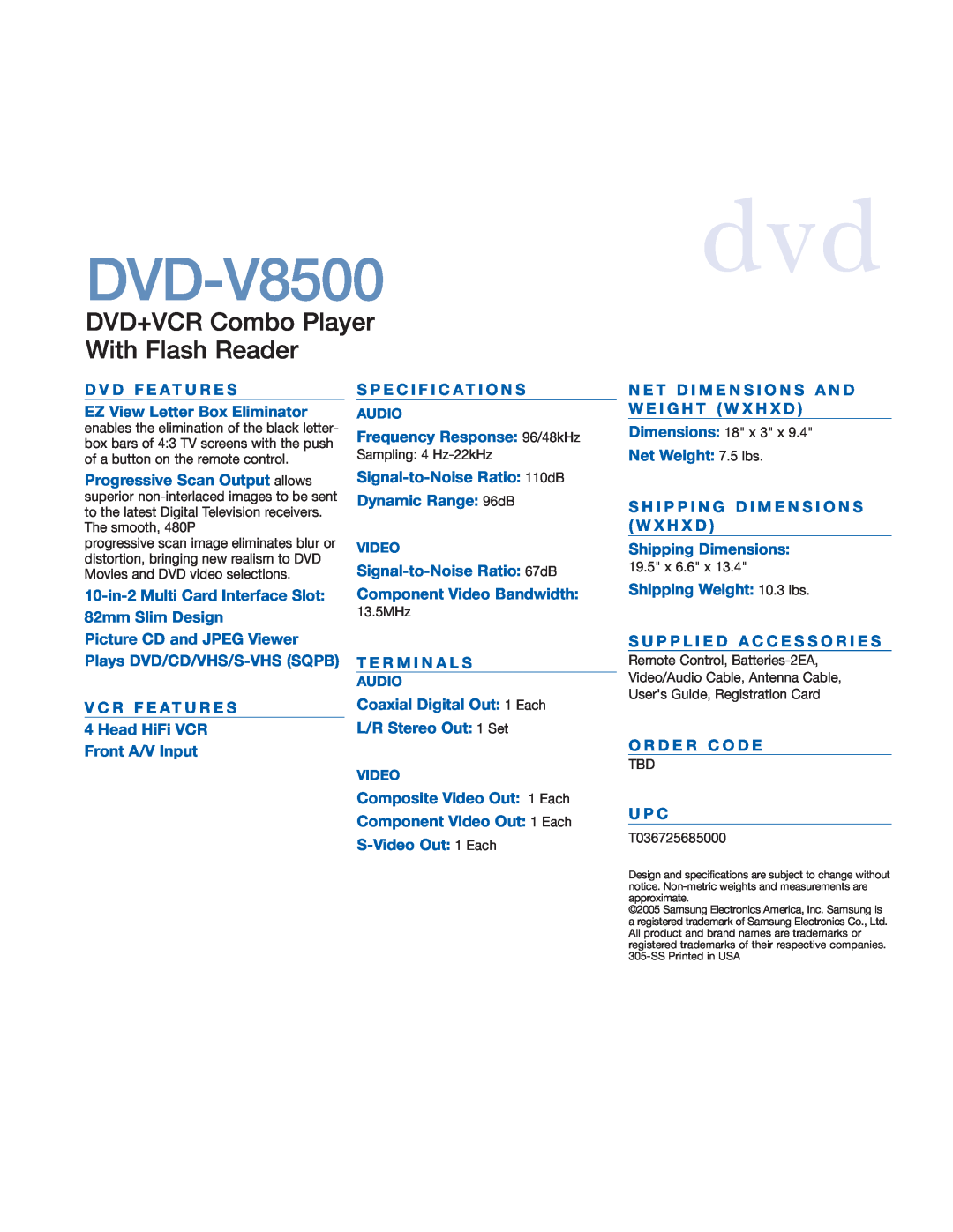 Samsung dvdDVD-V8500 manual DVD+VCR Combo Player With Flash Reader, D V D F E A T U R E S EZ View Letter Box Eliminator 