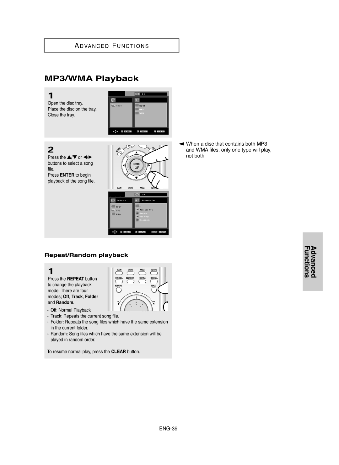 Samsung DVDHD850 manual MP3/WMA Playback, Repeat/Random playback, Press the …/† or œ/√ buttons to select a song file 