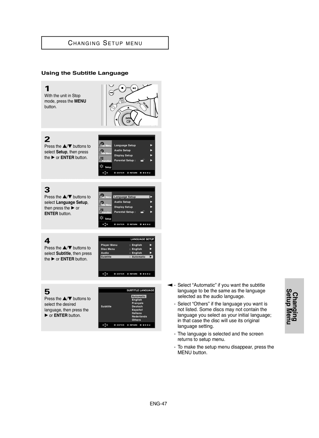 Samsung DVDHD850 manual Using the Subtitle Language, Select Setup, then press, Select Language Setup, Then press the √ or 