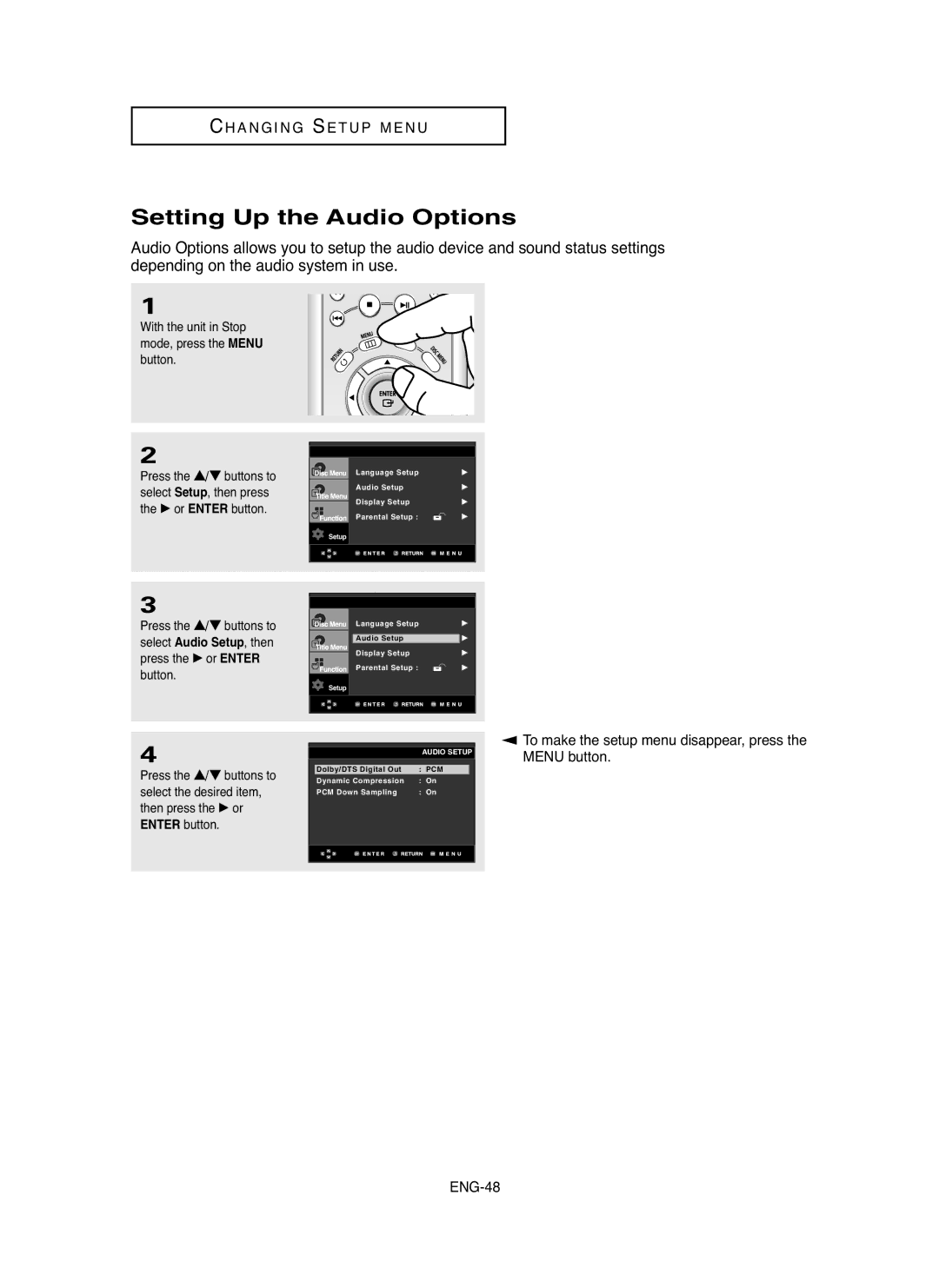 Samsung DVDHD850 manual Setting Up the Audio Options 