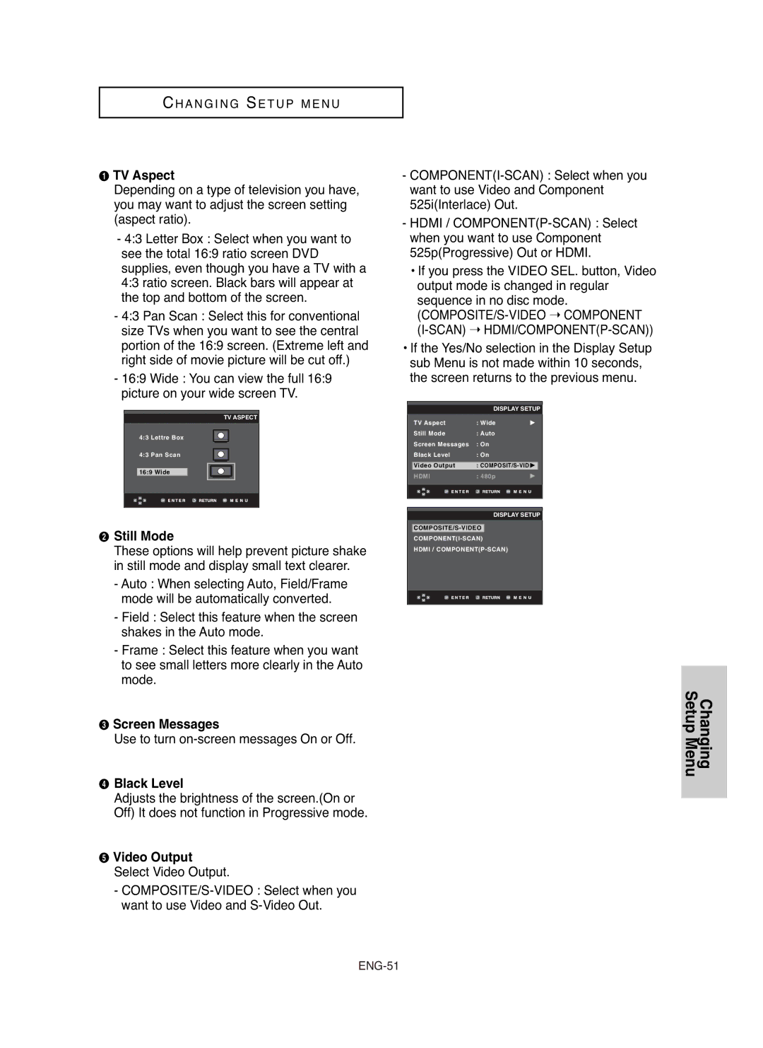 Samsung DVDHD850 manual TV Aspect, ´ Still Mode, Screen Messages, ¨ Black Level, Video Output Select Video Output 