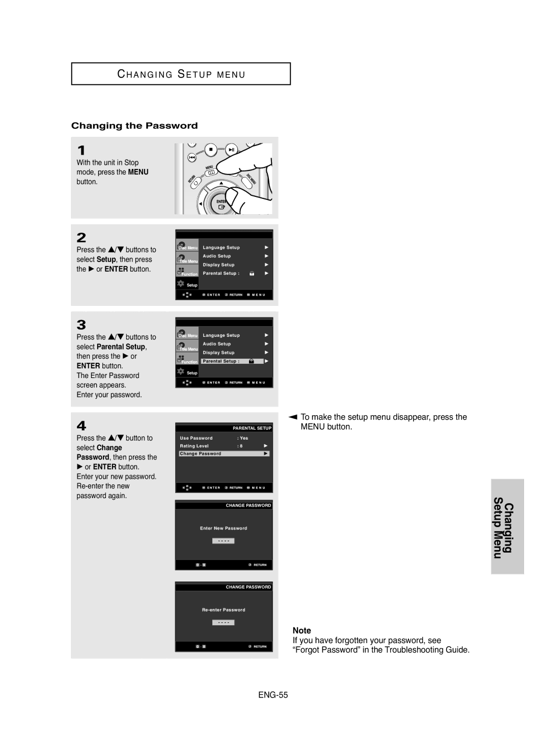 Samsung DVDHD850 manual Setup, Changing the Password 