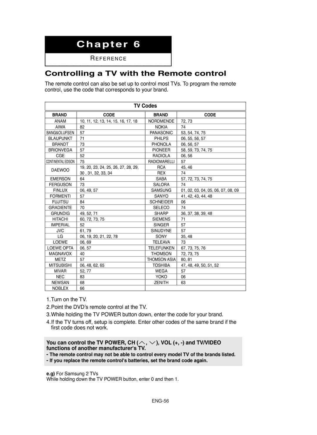 Samsung DVDHD850 manual Controlling a TV with the Remote control, TV Codes, Brand Code 