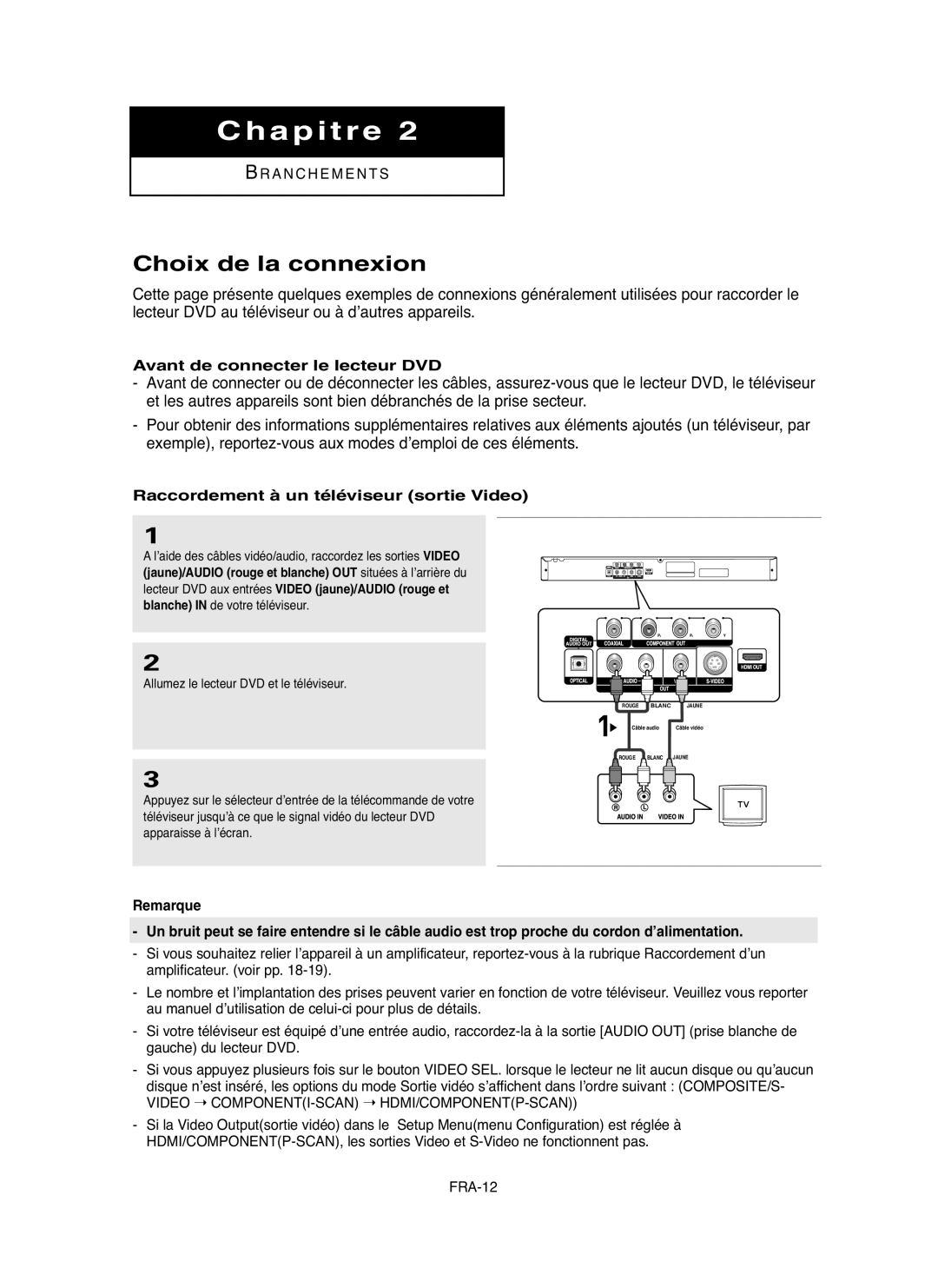 Samsung DVDHD850 manual Choix de la connexion, Avant de connecter le lecteur DVD, Raccordement à un téléviseur sortie Video 