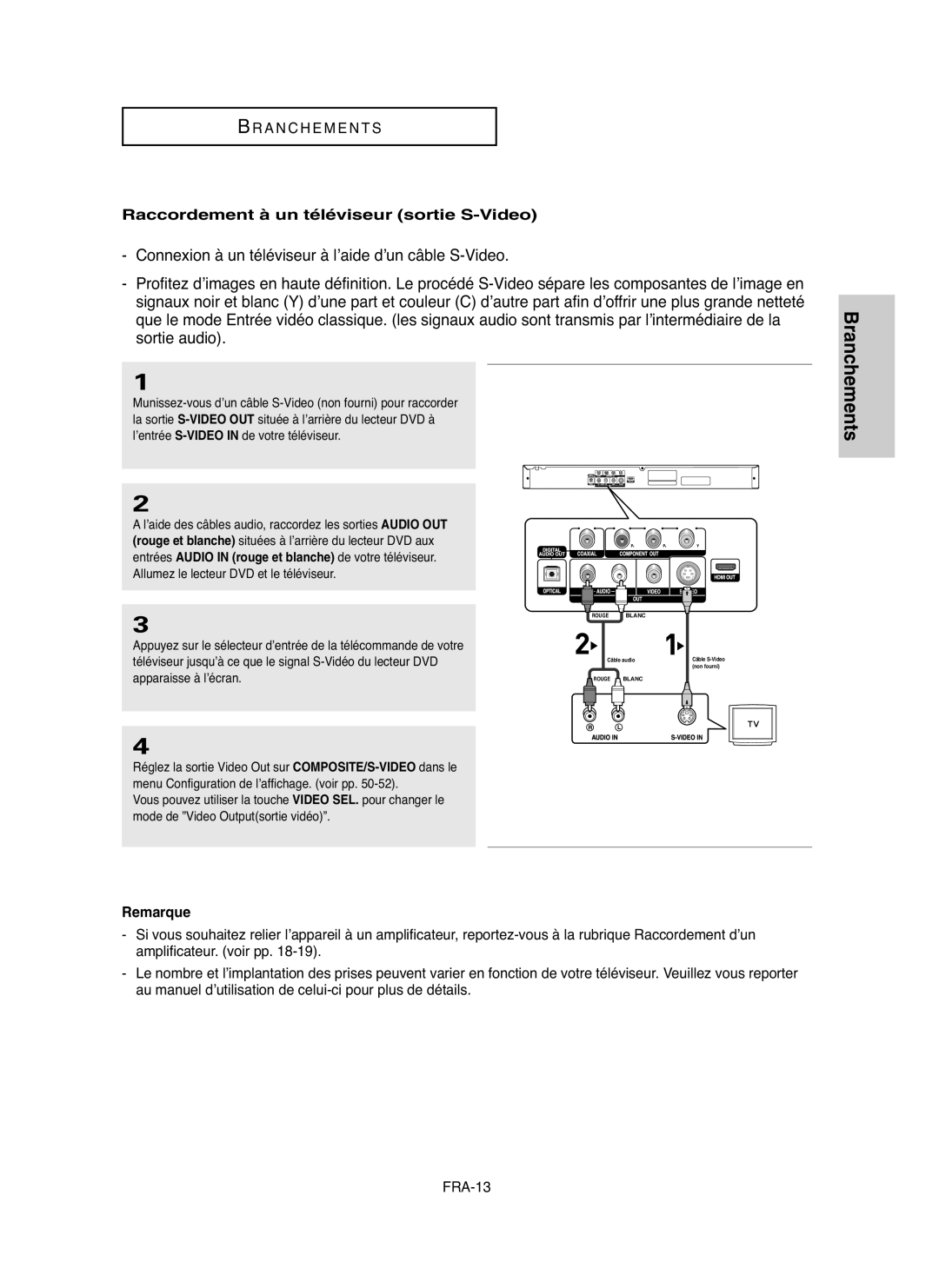 Samsung DVDHD850 manual Raccordement à un téléviseur sortie S-Video, Remarque 