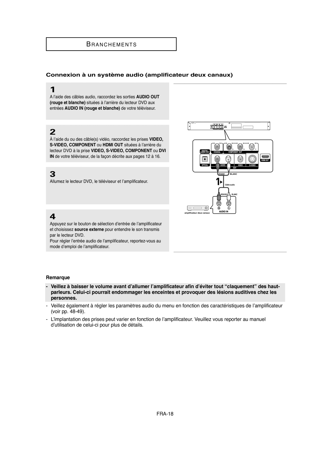 Samsung DVDHD850 manual Connexion à un système audio amplificateur deux canaux, Remarque 