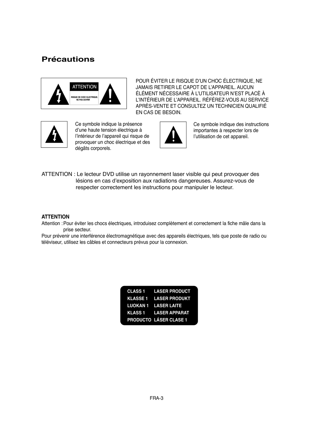 Samsung DVDHD850 manual Précautions 