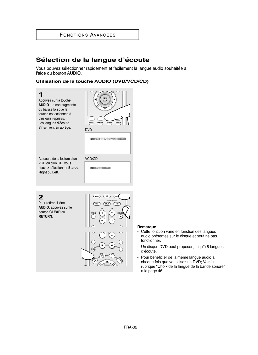 Samsung DVDHD850 manual Sélection de la langue d’écoute, Utilisation de la touche Audio DVD/VCD/CD, Return 