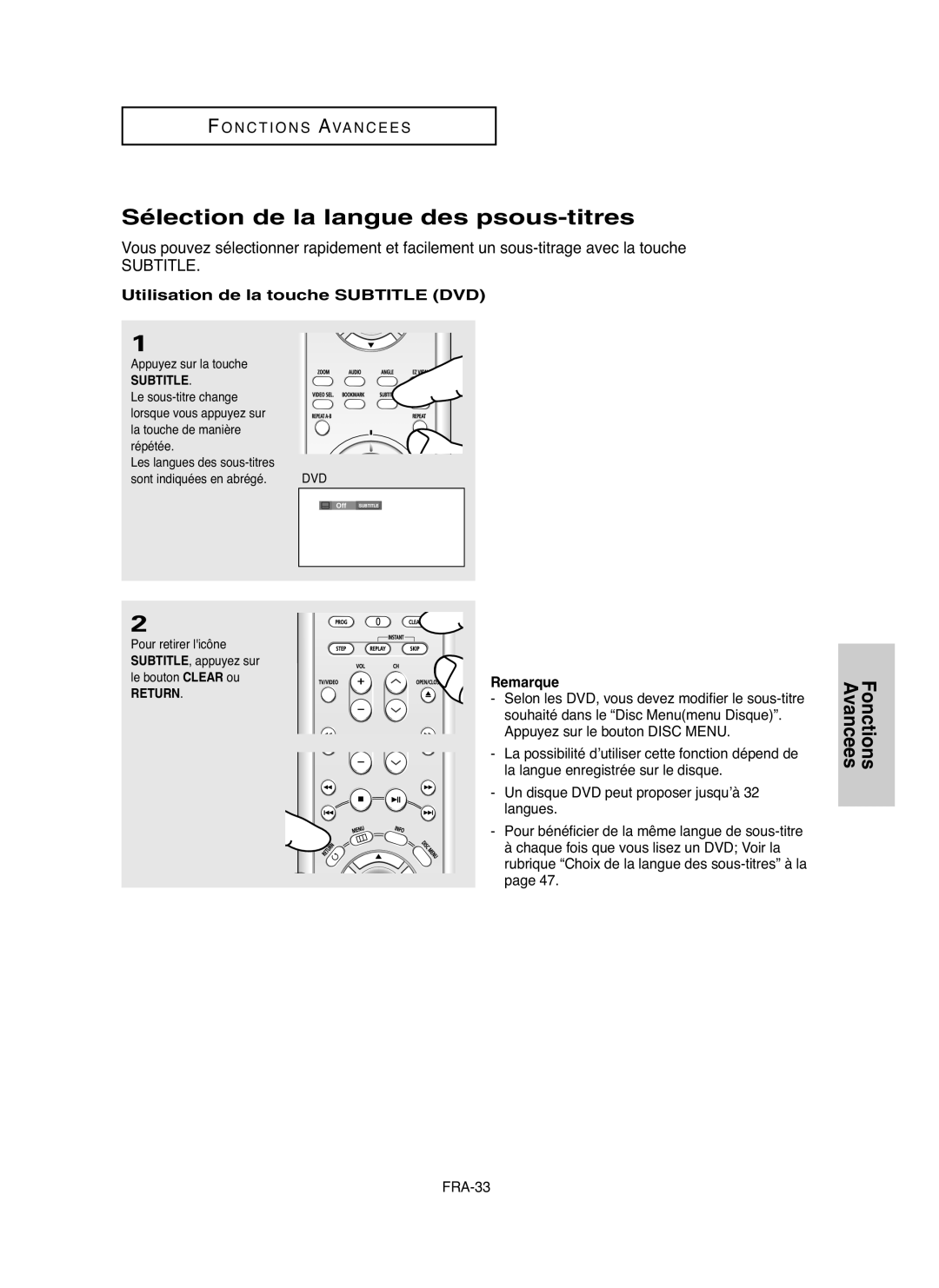 Samsung DVDHD850 manual Sélection de la langue des psous-titres, Utilisation de la touche Subtitle DVD 