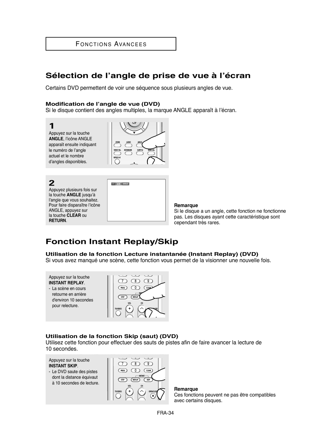 Samsung DVDHD850 manual Sélection de l’angle de prise de vue à l’écran, Fonction Instant Replay/Skip 