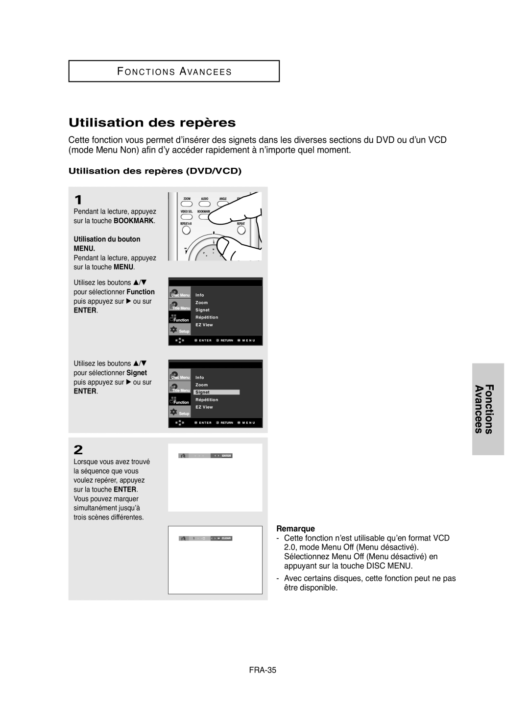 Samsung DVDHD850 manual Utilisation des repères DVD/VCD, Utilisation du bouton Menu 