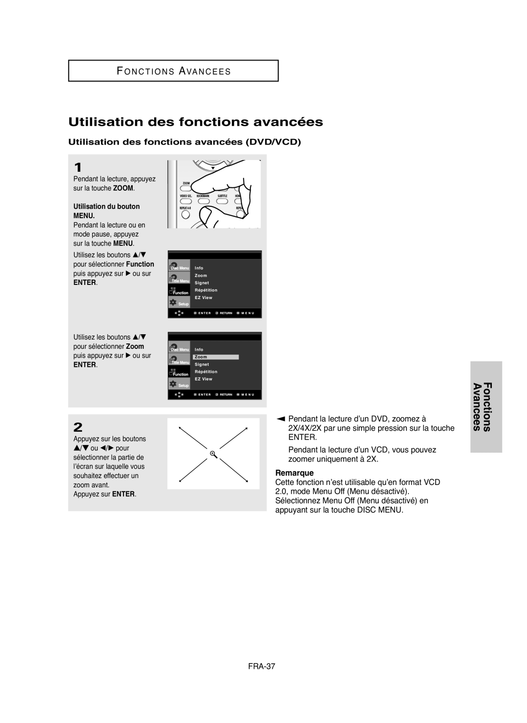 Samsung DVDHD850 manual Utilisation des fonctions avancées DVD/VCD, Appuyez sur Enter 