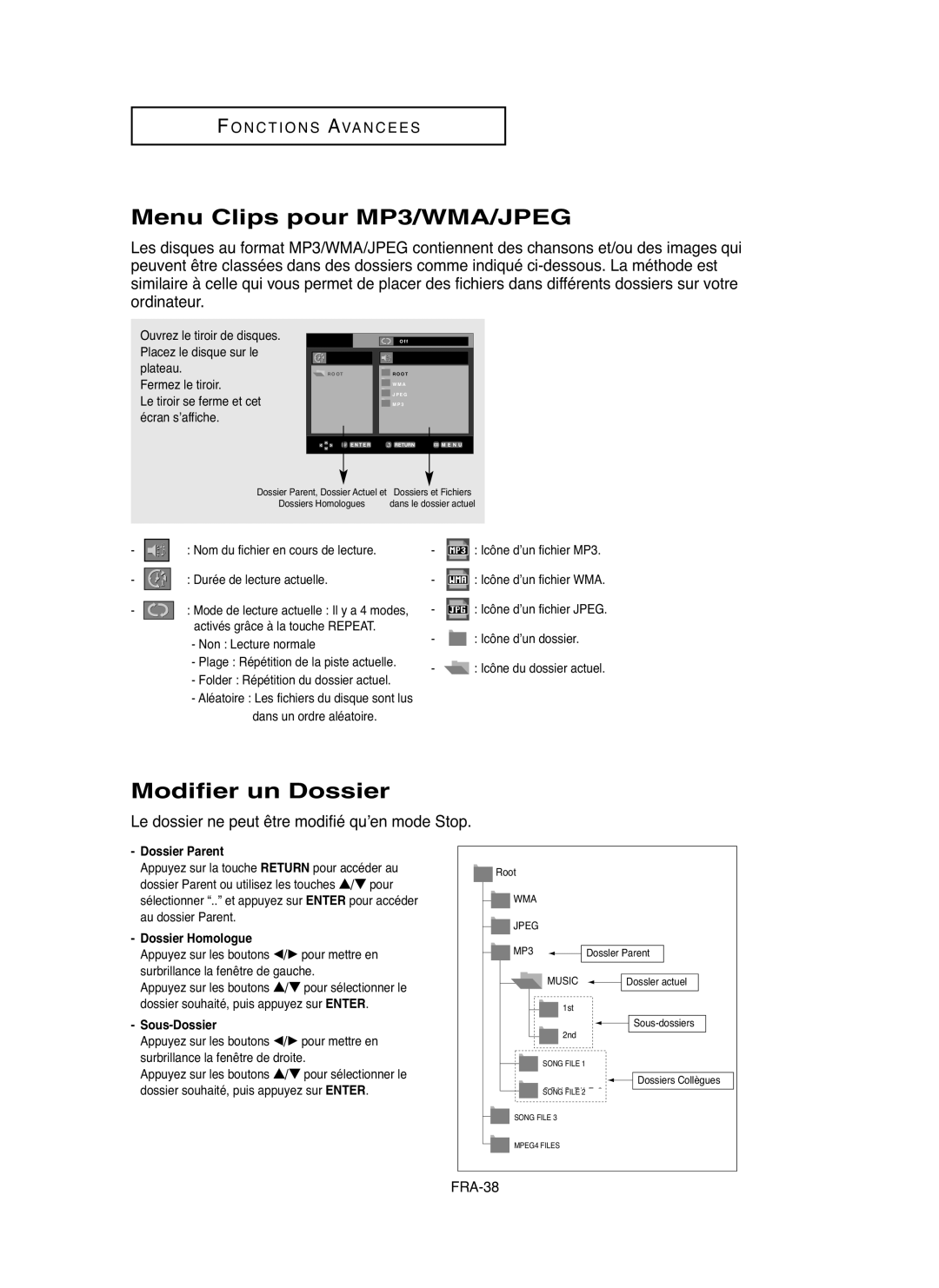 Samsung DVDHD850 manual Menu Clips pour MP3/WMA/JPEG, Modifier un Dossier, Dossier Parent, Dossier Homologue, Sous-Dossier 