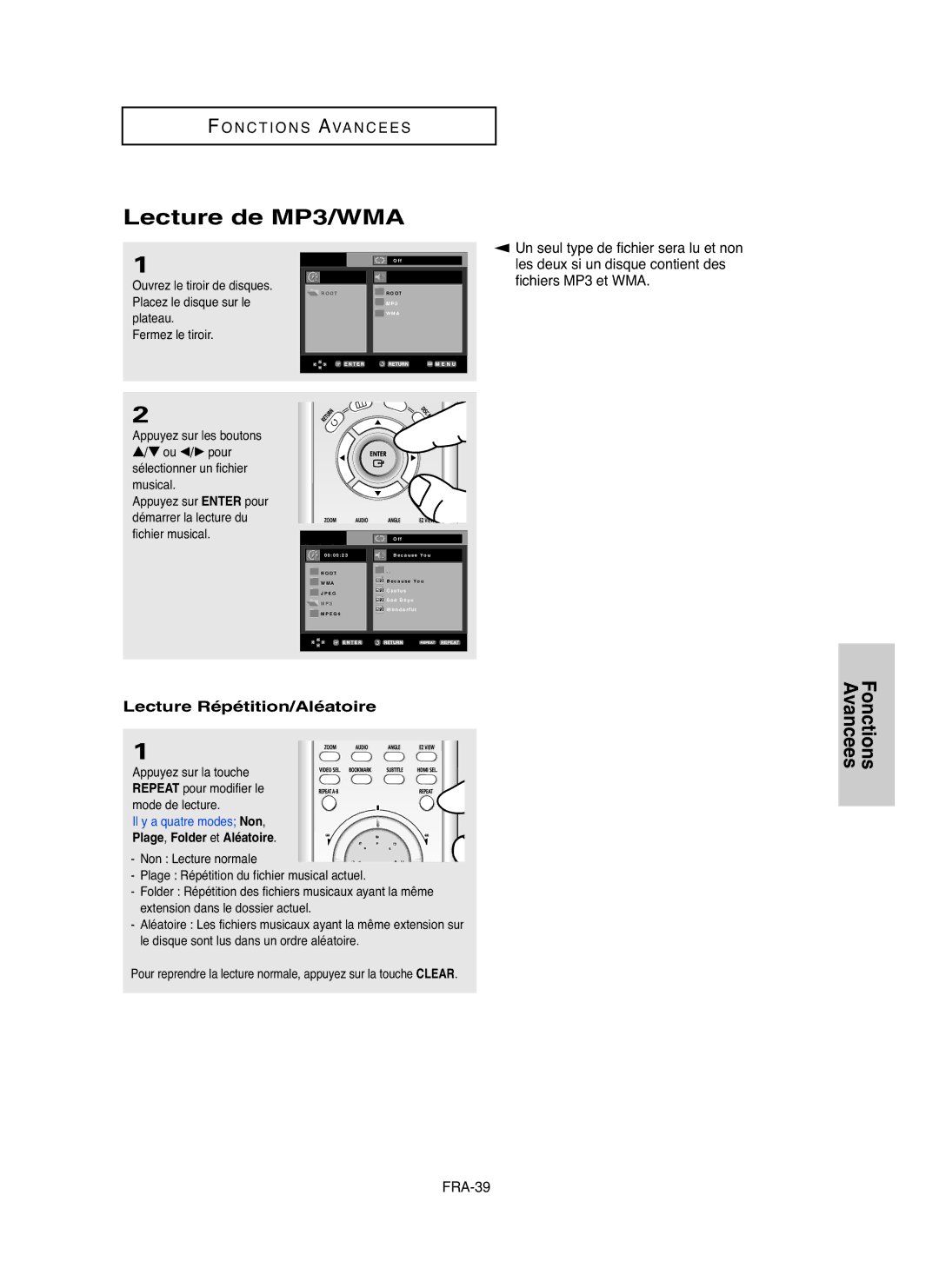 Samsung DVDHD850 manual Lecture de MP3/WMA, Lecture Répétition/Aléatoire, Plage, Folder et Aléatoire 