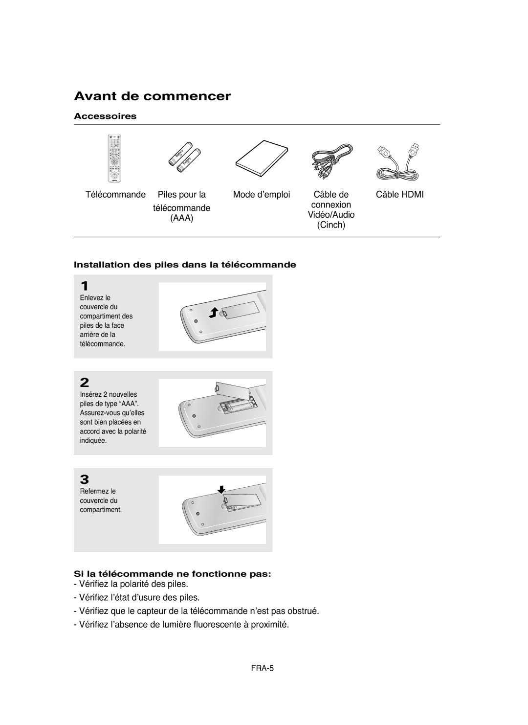 Samsung DVDHD850 manual Avant de commencer, Accessoires, Installation des piles dans la télécommande 