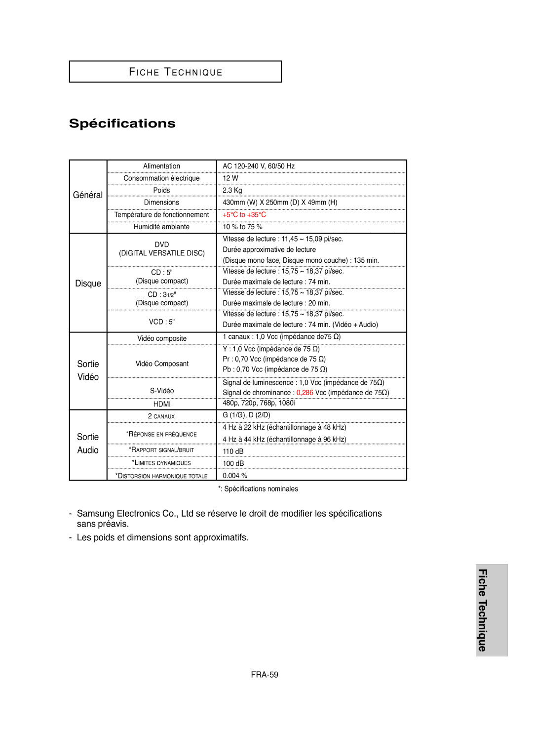 Samsung DVDHD850 manual Spécifications 