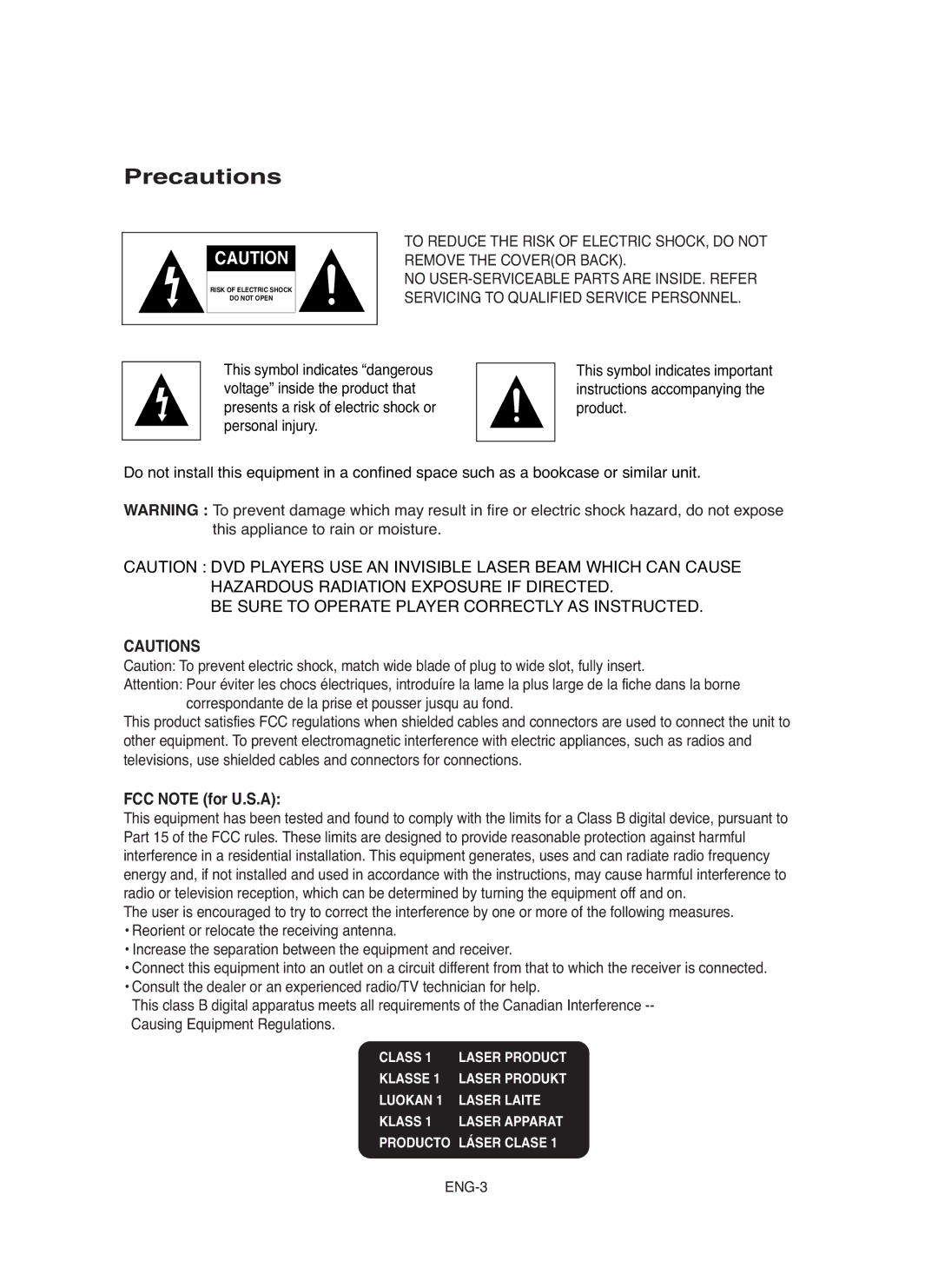 Samsung DVDHD850 manual Precautions, FCC Note for U.S.A 