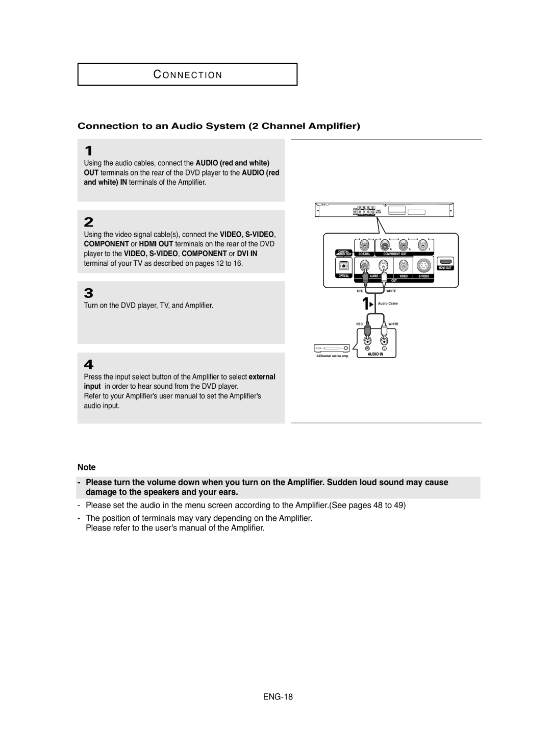 Samsung DVDHD850 manual Connection to an Audio System 2 Channel Amplifier, Turn on the DVD player, TV, and Amplifier 