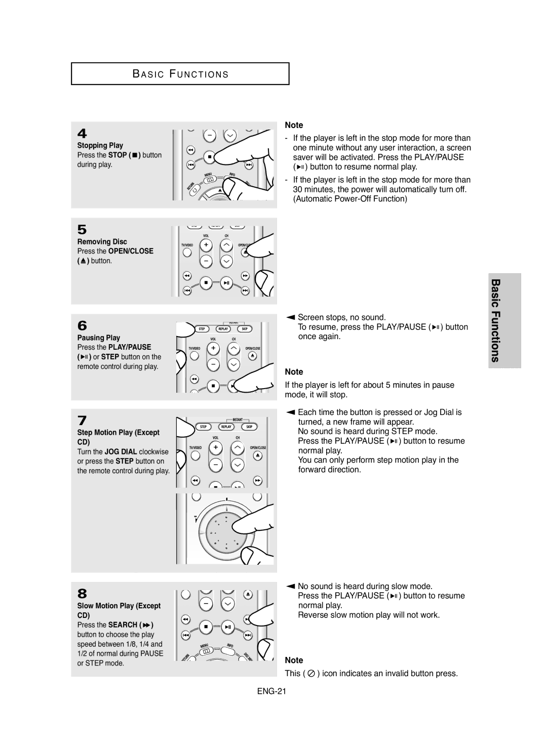 Samsung DVDHD850 manual Stopping Play, Removing Disc, Pausing Play, Step Motion Play Except, Slow Motion Play Except 