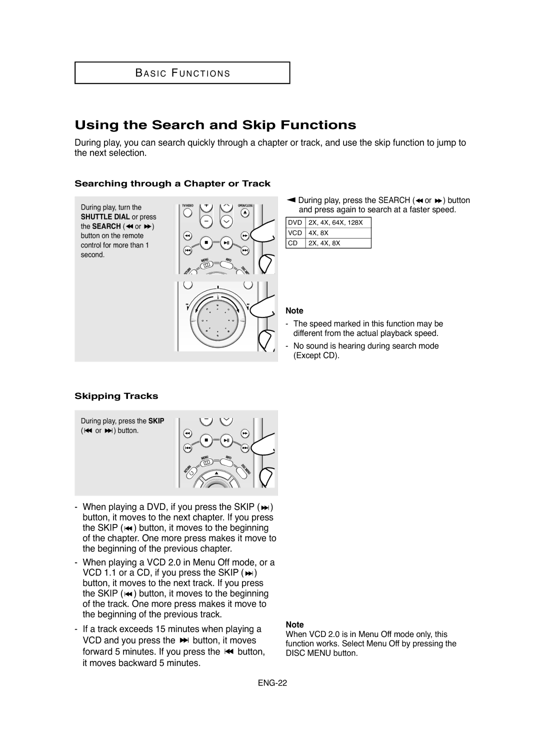 Samsung DVDHD850 manual Using the Search and Skip Functions, Searching through a Chapter or Track, Skipping Tracks 