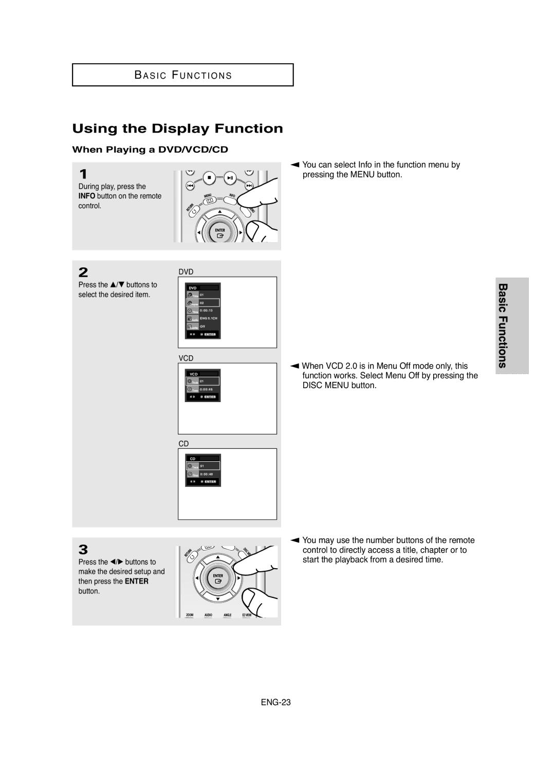 Samsung DVDHD850 manual Using the Display Function, When Playing a DVD/VCD/CD 