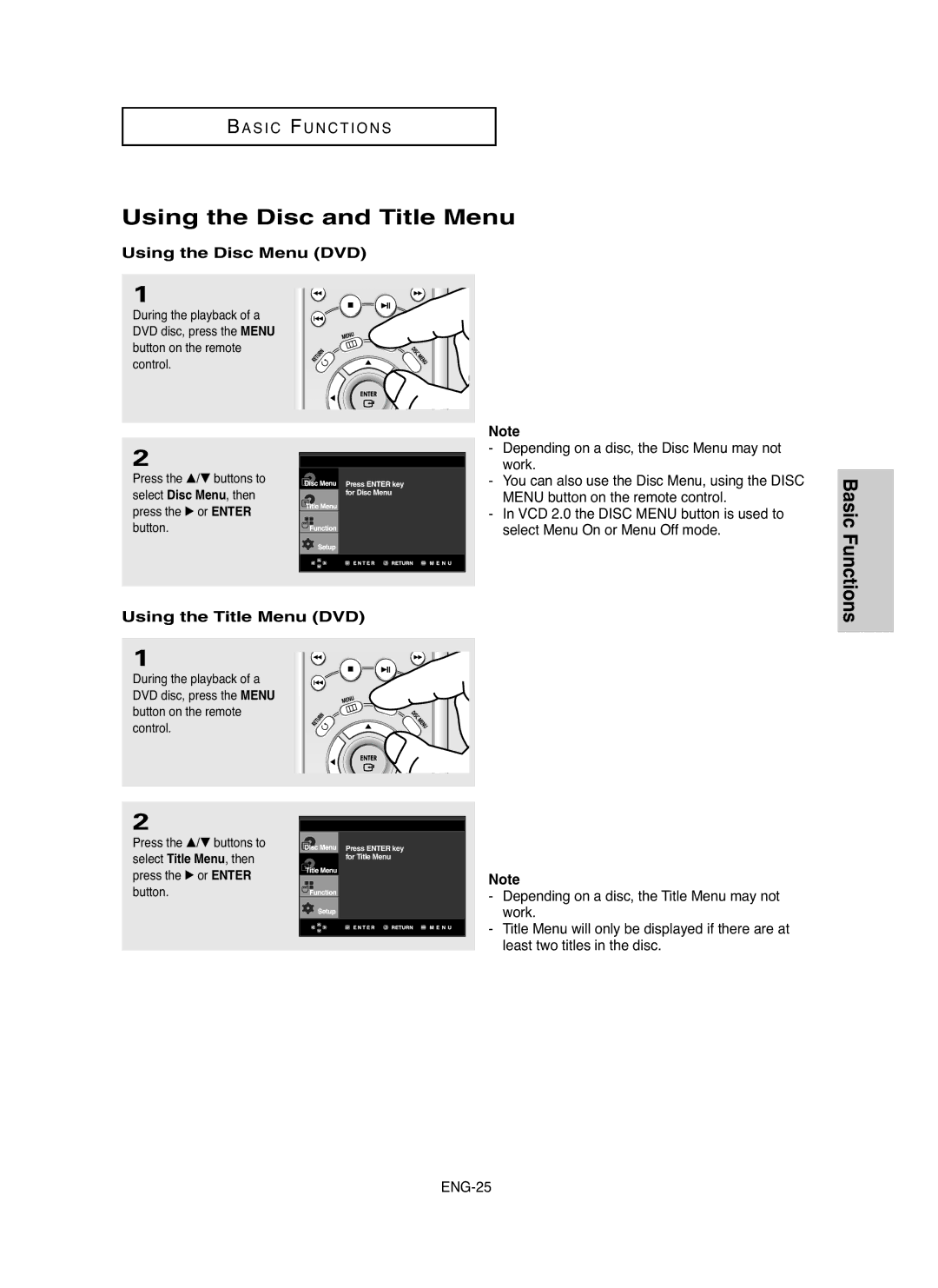 Samsung DVDHD850 manual Using the Disc and Title Menu, Basic Functions, Using the Disc Menu DVD, Using the Title Menu DVD 