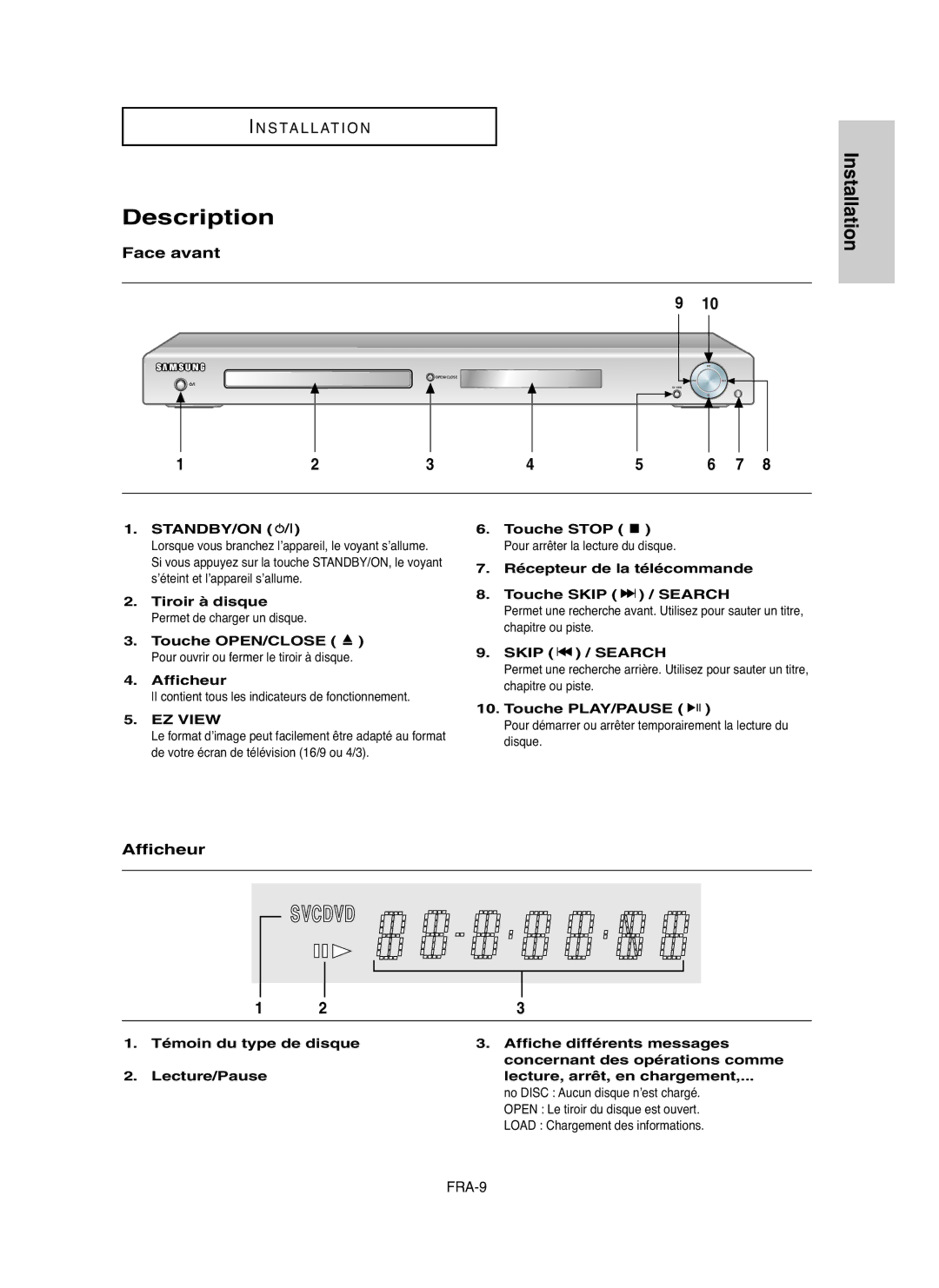 Samsung DVDHD850 manual Description, Face avant, Afficheur, EZ View 