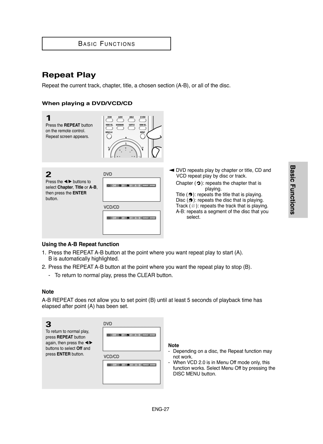 Samsung DVDHD850 manual Repeat Play, Using the A-B Repeat function 