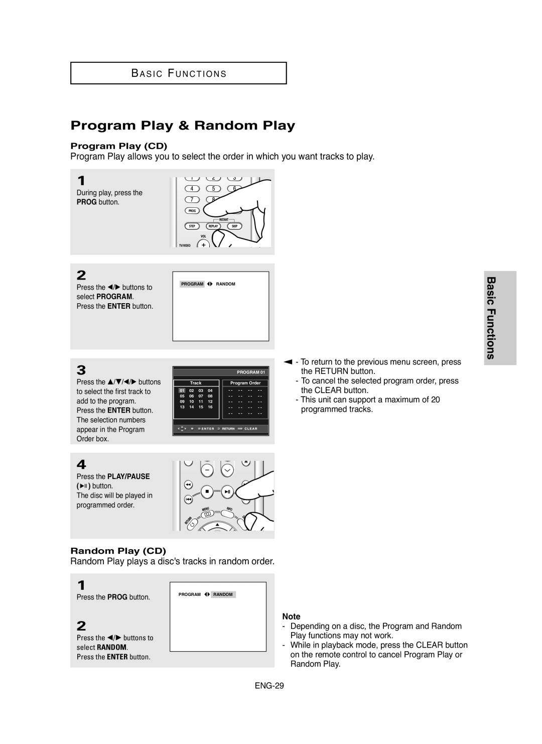 Samsung DVDHD850 manual Program Play & Random Play, Random Play CD, During play, press Prog button Press the œ/√ buttons to 