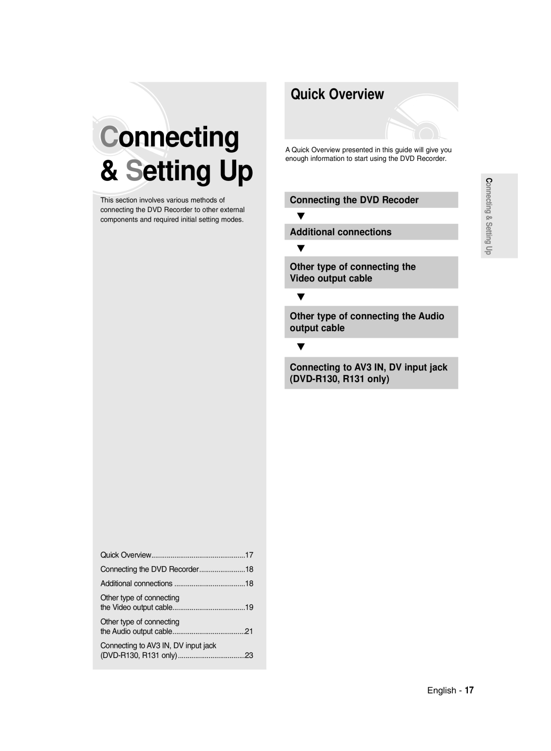 Samsung DVD-R128/X, DVDR131 Quick Overview, Connecting the DVD Recoder, Additional connections, DVD-R130, R131 only 