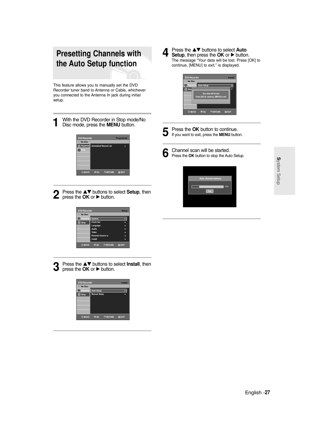 Samsung DVDR131 Press the OK button to continue, Channel scan will be started, If you want to exit, press the Menu button 